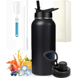 Termo,Termo de Acero Inoxidable,Botella Térmica(1200ML), Termo de Agua con 2 Tapas,Sin BPA,Agua Fría (24 horas) o Caliente (12 horas), Doble Pared de Aislamiento al Vacío (Negro)