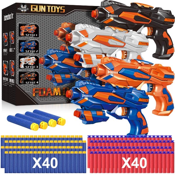 POKONBOY 4 Pack Blaster Guns Compatible with Nerf Guns Bullets, Toy Guns for Boys Girls with 80 Pack Foam Refill Darts, Hand Gun Toys for 6+ Year Old Kids Birthday Christmas