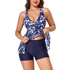 MAIABLEAU Plus Size Tankini Women 2 Pieces Swimsuits with Shorts Flowy Bathing Suits Blue White Flower M
