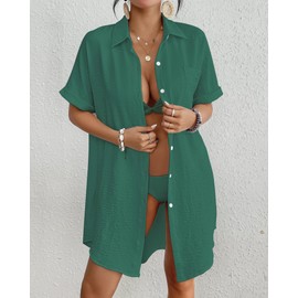 Bsubseach Women Swimsuit Coverup Shirt Dress Button Down Bathing Suit Cover Up Beachwear Dark Green XL