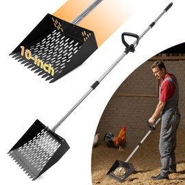 Chicken Poop Scooper & Rake 2-in-1, 10inch Metal Coop Shovel, Sand Sifting Shovel with 35"-62" Long Adjustable Stainless Steel Handle,Cleaning Tools for Chicken Coop Accessories & Farm Livestock Scoop