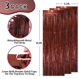 Voircoloria 3 Pack 3.3 x 8.2 ft Brown Foil Fringe Backdrop Curtains, Tinsel Streamers Party Decorations, Fringe Backdrop, Door Shimmer for Thanksgiving Day or Birthday Party