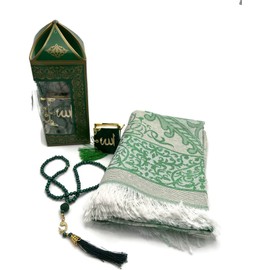 Muslim Gift Set Prayer Rug Seccade Pearl Tasbeeh Prayer Beads and Pocket or Car Decor Mini Quran + Janamaz 3pcs/Set (Green)