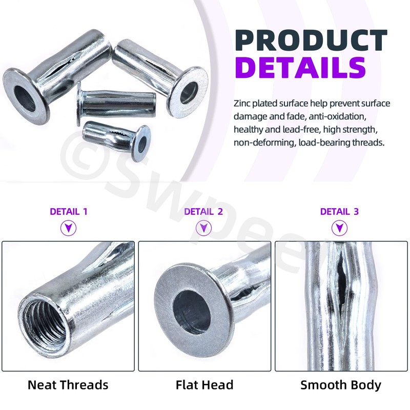 Swpeet 20Pcs M6 Metric Carbon Steel White Zinc-Plated Multi-Grip Rivet