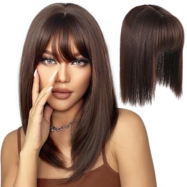Hair Toppers for Thinning Hair Bangs Hair Clip in Extensions,Top Hair Pieces French Hair Bangs Fringe Hair Extension Two Piece Clip on Front Bangs Hairpiece Forehead Topper for Girls Women,Brown