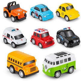 RuiDaXiang Metal Pull Back Toy Cars, 8 Pack Mini Die Cast Toy Car Set, Police Car / School Bus Kids Toy Vehicles Friction Powered for 3-12 Years, for Boys, Girls, Children
