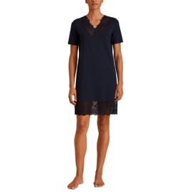 CALIDA Elegant Dreams Women's Lace V-Neck Soft Flowy Nightdress, Dark Lapis Blue