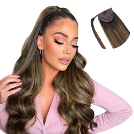 HOTBANANA Ponytail Extension, 20 Inch Ponytail Extension Human Hair Clip in Wrap Around Ponytail Hair Piece Dark Brown to Chestnut Brown Long Straight Remy Human Hair Extension 90g
