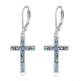 Cross Earrings for Women Sterling Silver Christian Dangle Earrings Abalone Filigree Cross Leverback Jewelry Gifts