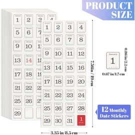 12 hojas de calcomanías para agenda mensual, 365 calcomanías para números de agenda diaria, accesorios decorativos para personalizar sin fecha, calendario, cuadernos
