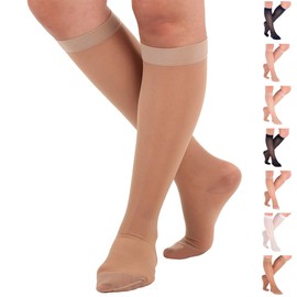 ABSOLUTE SUPPORT Made in USA - Sheer Graduated Support Opaque Compression Knee High Socks for Women 15-20mmHg | For Airplane, Flight, Travel Circulation - Natural, Small - ATRAVEL101NA1