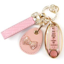 Rayslesan Key Fob Cover with Leather Holder Compatible with Airtag/RFID,Compatible with Nissan Altima Armada Murano Pathfinder Rogue Sentra,RFID Protector,Car Key Accessories(5-Button, Gold Pink)