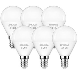 E14 LED Cool White Bulb 5 W, E14 6000 K Cool White Bulb, 40 W Halogen Bulb Replaced, G45/P45 LED Bulb, 220-240 V Energy Saving Bulb, Not Dimmable, Pack of 6