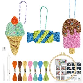 HAND U JOURNEY 3Pcs Embroidery Punch Needle Bachpack Charm Kit, Original Design with 2.2mm Punch Tool, Threads and Hoop. Random Color Chain (Icecream)