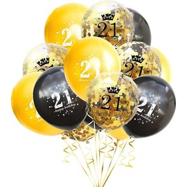 21st birthday latex balloons-Gold-Black and Clear with Confetti