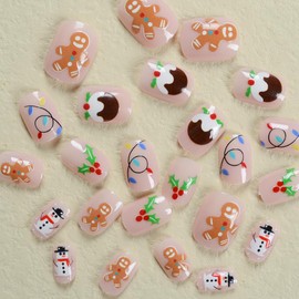YEFIUO Christmas Pink Press on Nails Short Square Xmas Cute Fake Nails Press ons Nail Art Tip Full Cover Acrylic False Nails Glue on Nails Stick on Nail Pancake Man Light Strip Design for Women 24 Pcs