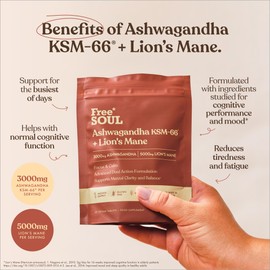 Ashwagandha KSM-66® + Lion’s Mane Complex | 5000mg Lion’s Mane + 2500mg Ashwagandha High Strength | Added + Zinc + Vitamin B6 | Cognitive & Mood Support | Vegan Tablets | Free Soul