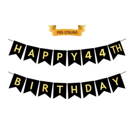 HAPPY 44TH BIRTHDAY Banner, Pre-Strung, Black Gold 44th Birth Party Backdrop Decorations, Happy 44 Year Old Bady Bunting Background, Forty-four Birthday Theme Flag