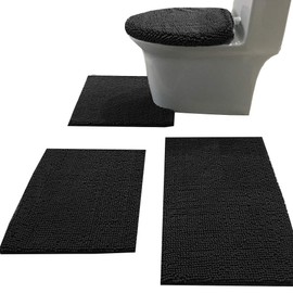 Madeals Chenille Bath Rug Set 4 Piece with Toilet Lid Cover and Rug Set Combo, Soft Shaggy Bath Rug Set 3 Piece and U-Shaped Toilet Floor Rug Black
