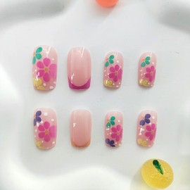 Flower Press on Nails Short Medium Fake Nails with Colorful Floral Designs French Tip Glue on Nails Press on Glossy Cute False Nails Spring Acrylic Stick on Nails for Women Girls 24 Pcs