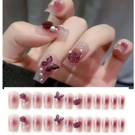 HAPVITAL Gel Nail Stickers, Pack of 24, Long Nail Stickers, For Spring/Summer Trend, Butterfly, 3D Feel, Easy to Apply, Reusable, Popular Design, False Nails, Nail Art, Nail Parts, Stylish, Beginners, Coming-of-Age Ceremonies, Burgundy Butterfly