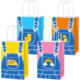 24Pcs English Teacher Party Gift Bags Cartoon Teacher Birthday Party Decorations Supplies Cartoon Girls Fans Treat Bag Rainbow ABC Bus Paper Goodie Bags with Handles for Kids Birthday Classroom Decor