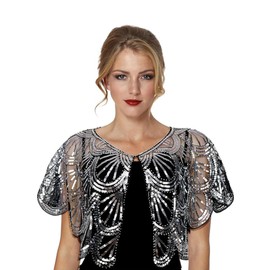 BAOKELAN 1920s Shawls Sequin Beaded Evening Cape for Women Art Deco Vintage Shawl for Gatsby Party Bridal Dresses Silver Black