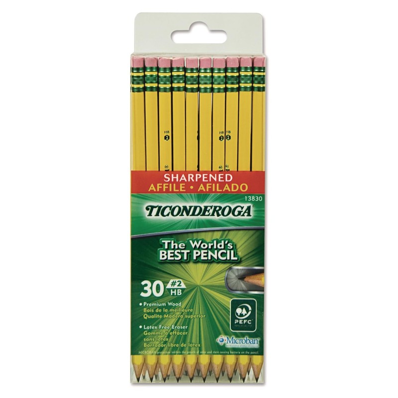 Ticonderoga Wood-Cased Pencils, Pre-Sharpened, #2 HB Soft, Yellow, 30 Count