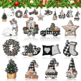 24Pcs Wooden Christmas Tree Ornaments Wooden Hanging Christmas Decorations for Xmas Tree Gift Home Christmas Decor with Red Gloves Gnome Candy Cane Santa Claus Truck (Lovely)