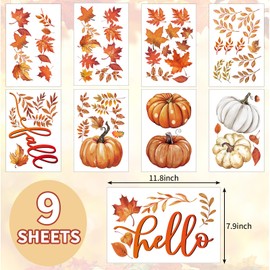 JarThenaAMCS 9 Sheets Hello Fall Wall Stickers Watercolor Pumpkin Maple Leaves Wall Decals Room Mural Stickers for Autumn Thanksgiving Home Classroom Party Decor, 7.9 x 11.8 Inch