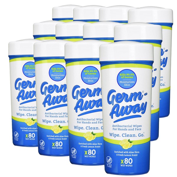 Germ-Away Hand Antibacterial Wipes - Hand Sanitizing Wipes for Kids & Adults, Wipes for Travel, Home or Office - Hand Cleaner Wipes (80 ct/Can) (Pack of 12)