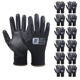 HLDD HANDLANDY Safety Work Gloves PU Coated-12 Pairs,Black Seamless Knit Glove with Polyurethane Coated Smooth Grip on Palm & Fingers, for Men and Women, Ideal for General Duty Work, Black, X-Large