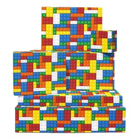 CENTRAL 23 Colorful Wrapping Paper - 6 Sheets of Gift Wrap - Birthday Wrapping Paper for Kids - Building Blocks for Boys and Girls - Birthday Party - Recyclable - Comes With Fun Stickers