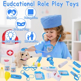 TEUVO 25Pcs Doctor Kit for Kids, Pet Care Playset Treating Dog Toys with Interactive Stuffed Plush Dog, Pretend Play and Dress Up Costume Gifts for Little Girls Boys 3 4 5 6 7 Years Old