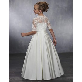 hengyud White Communion Dress for Girls 7-16 Half Sleeves Sheer Neck Lace Flower Girl Dress Satin