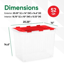 Superio Christmas Storage Box with Red Hinged Lids, Plastic Container Bins for Organizing with Attached Lid, Stackable Crates, BPA Free, Organizers for Home, Office, and Dorm (20.25"x14"x14.6")