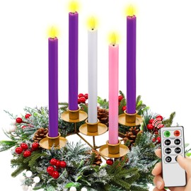 Suncalla 6 Pcs Christmas Advent Wreath with 5 Advent Candles Holder, 11.8" Catholic Wreath with Remote, 5 Flickering Flameless Candle for Church Table Holiday Decor Gifts, Exclude Battery(Pine Needle)