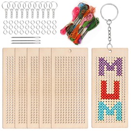 Keadic 64 Pcs Square Wooden Cross Stitch Kits, Make Your Own 10 Cross Stitching Keyrings, Wood Sewing Kit, Arts & Crafts Square, Hearts Ornaments, Plastic Needle Embroidery Kit for Beginners, Girls