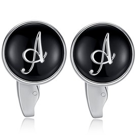 (A) - HONEY BEAR Initial Alphabet Letter Cufflinks Tie Clip Set for Mens - Black Round Stainless Steel, for Business Wedding Gift A - Z