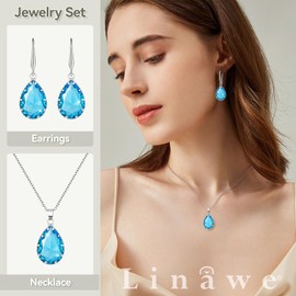 Linawe Silver Jewellery Sets for Women, Aquamarine Blue Necklace and Earring Set, Birthstone Crystal Imitation Diamond Pendant Necklace Set, Tear Drop Earrings Jewellery Set Costume