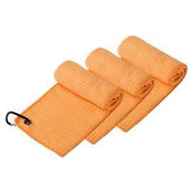 Handy Picks Microfiber Golf Towel (16" X 16") with Carabiner Clip, Waffle Pattern Golf Towel Hook and Loop Fastener - The Convenient Golf Cleaning Towel Orange