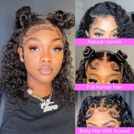 Shesbeauty 13x4 Deep Wave Bob Wig Human Hair 12 Inch Short Bob Wigs HD Lace Front Wigs Human Hair Pre Plucked 180 Density Curly Human Hair Wig Glueless Natural Color Lace Frontal Wigs for Black Women