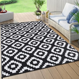 COZYLOOM Outdoor Rug 10x14 Patio Rug Plastic Straw Rug Waterproof Reversible Lightweight Camping Rug Modern Geometric Rugs for RV Backyard Patio Deck Picnic Camping Beach Trailer Black White Square