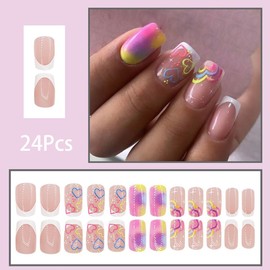 White French Tip Press on Nails Valentine's Day Short Square Fake Nails Gradient Love Circle Glue on Nails Colorful Heart False Nails with Glossy Designs Stick on False Nails for Women 24Pcs