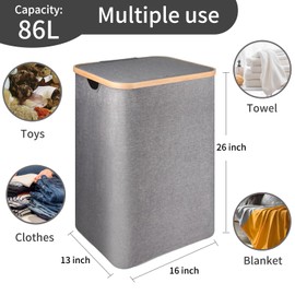 Laundry Basket 86L,Sturdy Laundry Basket,Large Hamper with Lid,Laundry Hamper, Clothes Hamper for Laundry with Bamboo Handles and Removable Bag,Laundry Basket Portable for Room,Clothes,Bedroom-Grey