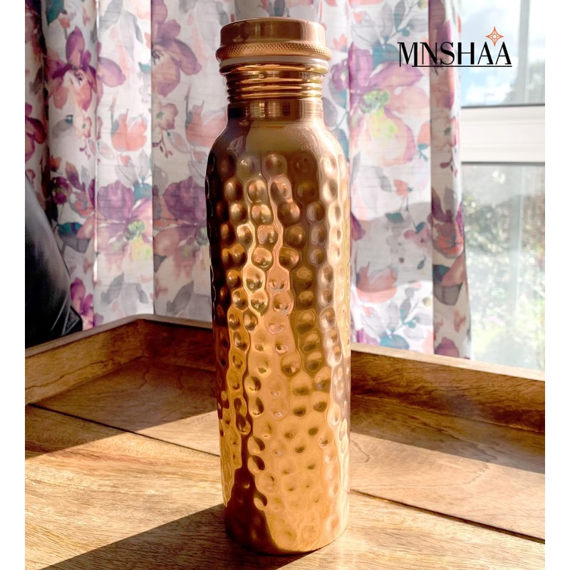 Mnshaa Pure Copper Hammered Water Bottle, Handmade Drinking Vessel Flask,