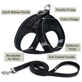 BOOMIBOO Dog Harness with Leash Set, No Pull Adjustable Reflective Step-in Puppy Pet Vest Harnesses for Small Medium Large Dogs and Cats,Black XXS