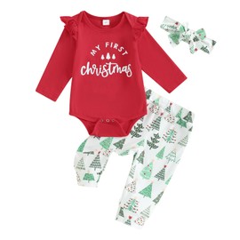 FYBITBO My First Christmas Baby Girl Boy Outfit Long Sleeve Romper Onesie Top+Pants+Headband Fall Winter Clothes (My 1st Christmas tree,12-18 Months)