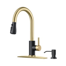FORIOUS Kitchen Faucets with Soap Dispenser and Pull Down Sprayer, High Arc Single Handle Classic 3 Modes Stainless Steel Faucet for Kitchen Sink Farmhouse RV Bar Laundry Camper, Black Gold