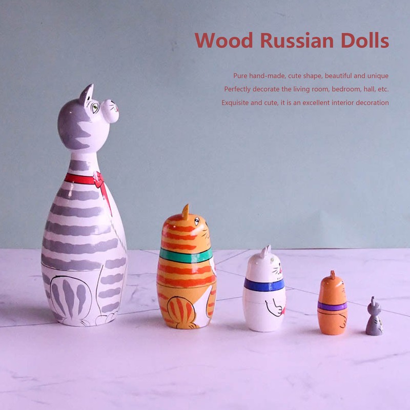 5Pcs Nesting Dolls Kit Innovative Cartoon LongNecked Cat Ornament Wooden